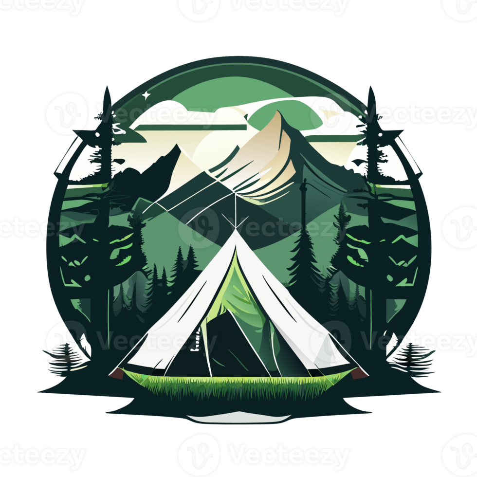 Mountain Camp. Tourist Tent and Bonfire on the Shore at Night. flat design. print design for t shirt png