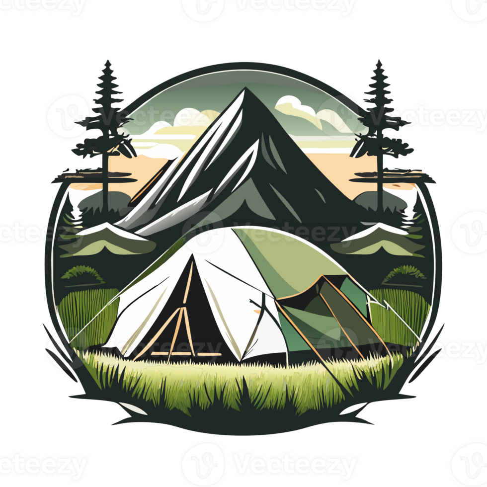 Mountain Camp. Tourist Tent and Bonfire on the Shore at Night. flat design. print design for t shirt png