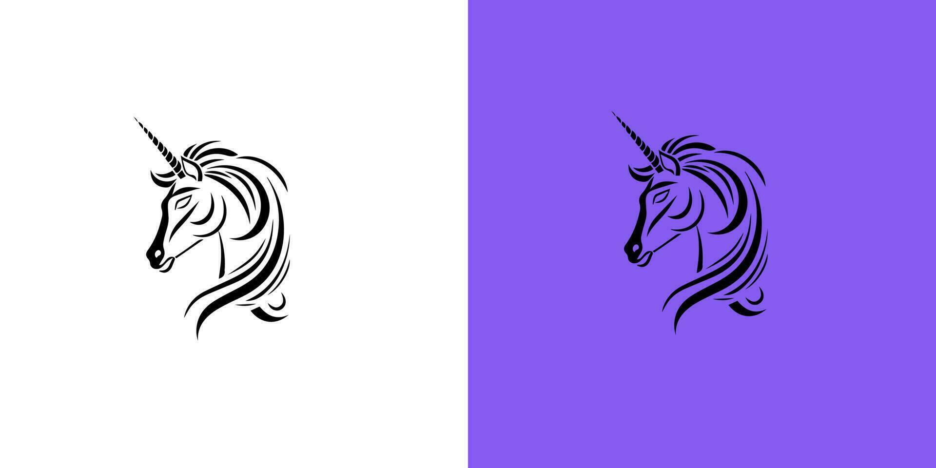 negro silueta de agraciado unicornio logotipo hada cuento símbolo. vector plano icono en blanco y púrpura antecedentes. magia logo