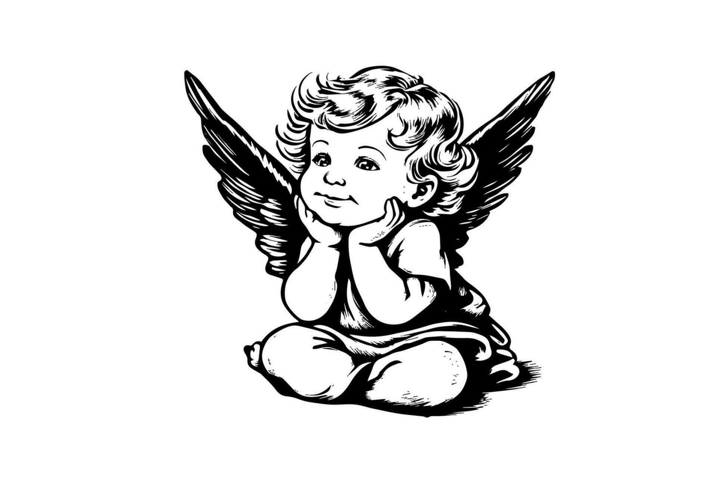 Little angel vector retro style engraving black and white illustration. Cute baby with wings