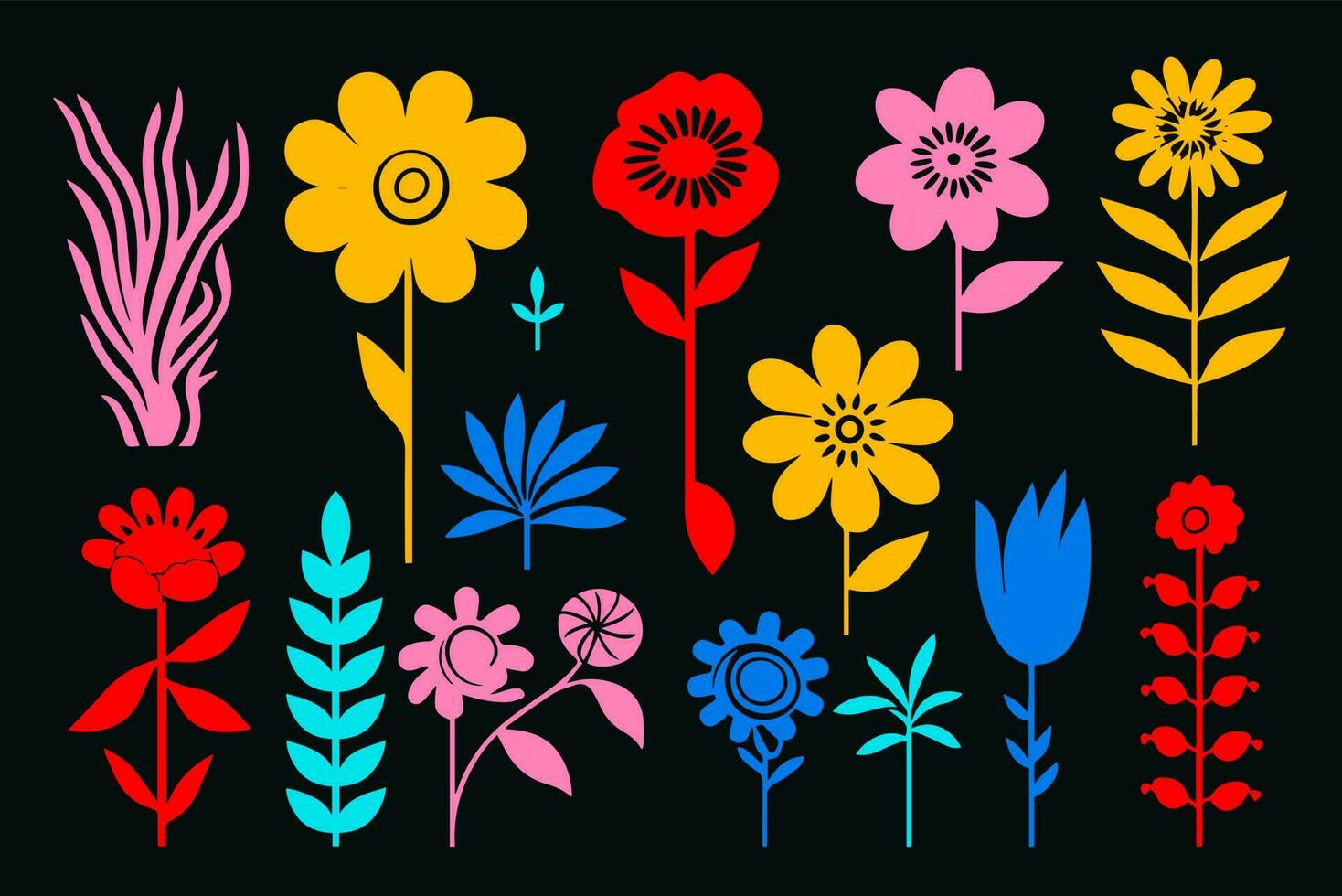 Colorful contemprorary flower seamless pattern illustration. Set of naive hand drawn flowers vector