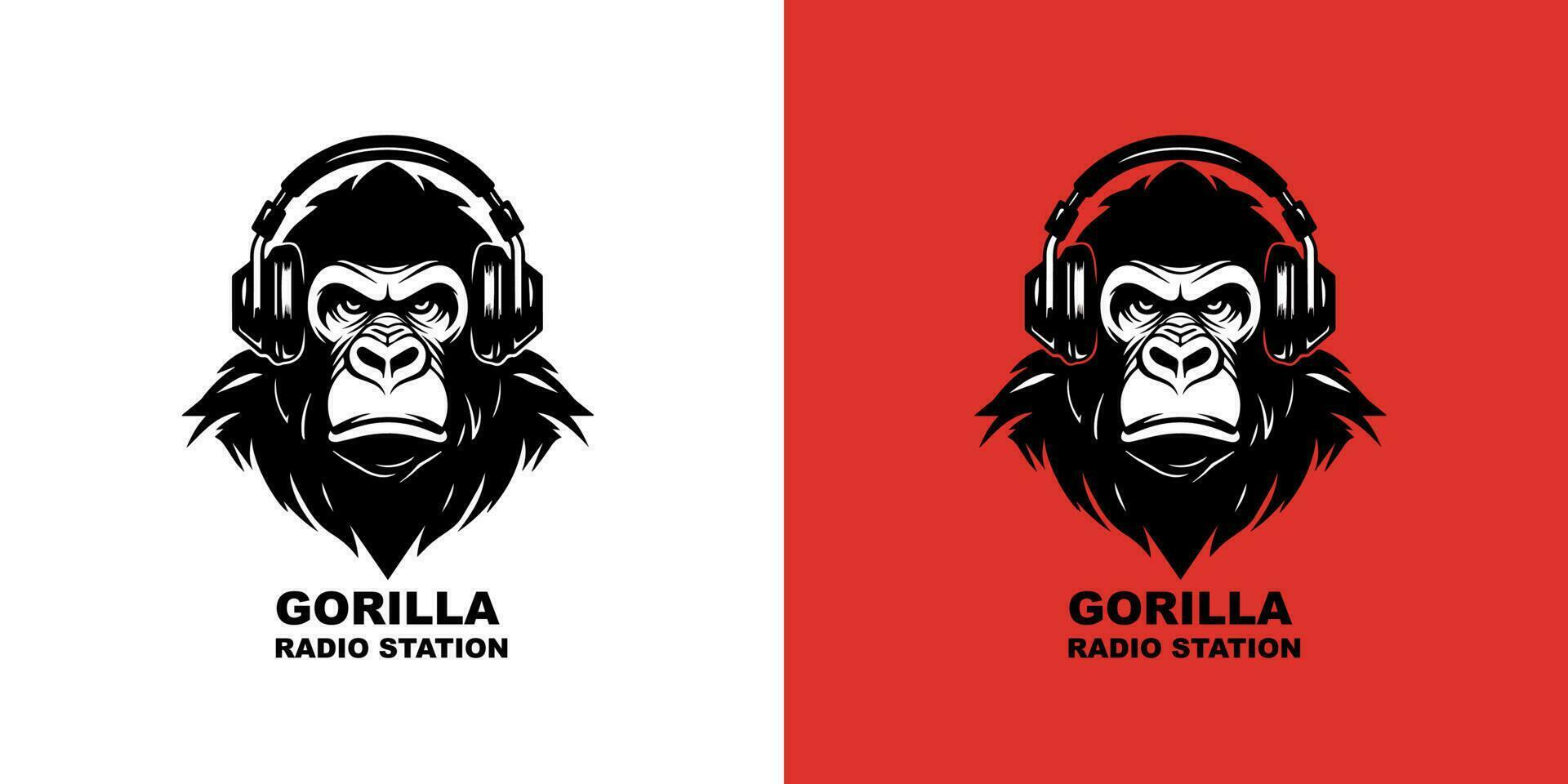 A gorilla wearing headphones vector logotype on red and white background. Logo mark