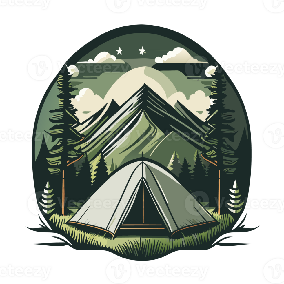 Mountain Camp. Tourist Tent and Bonfire on the Shore at Night. flat design. print design for t shirt png