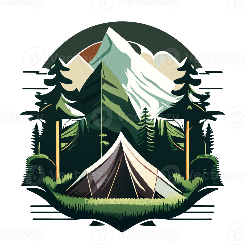 Mountain Camp. Tourist Tent and Bonfire on the Shore at Night. flat design. print design for t shirt png