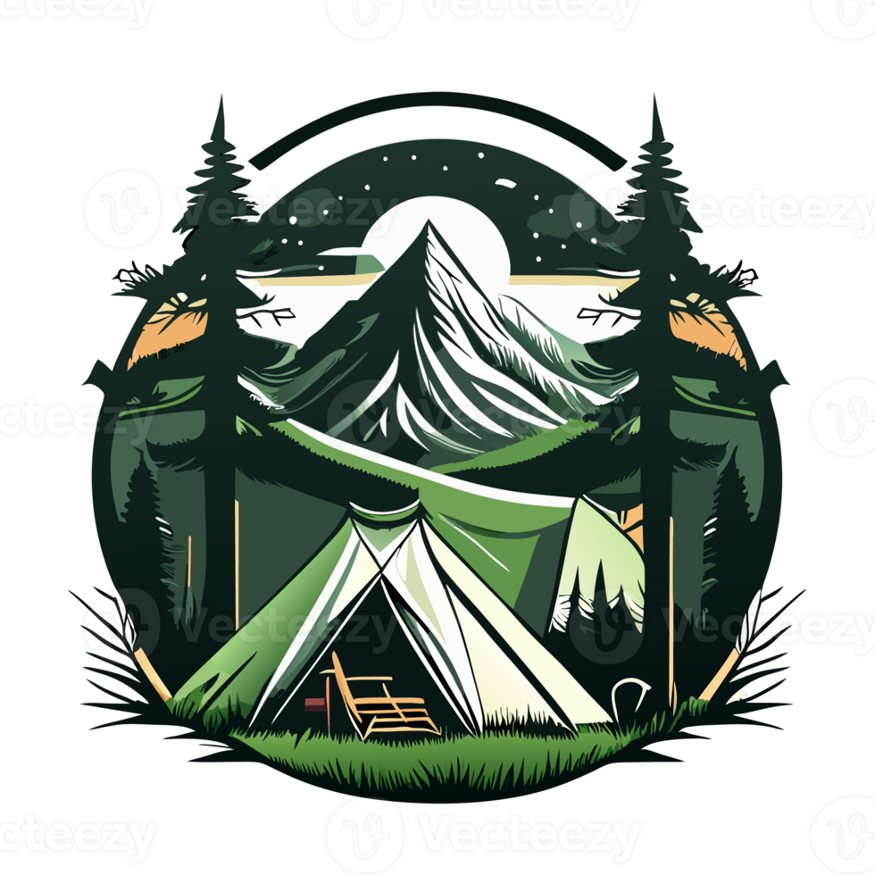 Mountain Camp. Tourist Tent and Bonfire on the Shore at Night. flat design. print design for t shirt png