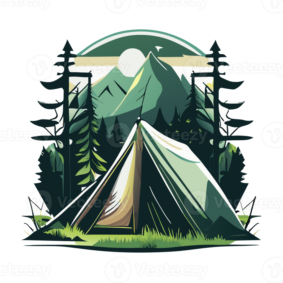 Mountain Camp. Tourist Tent and Bonfire on the Shore at Night. flat design. print design for t shirt png