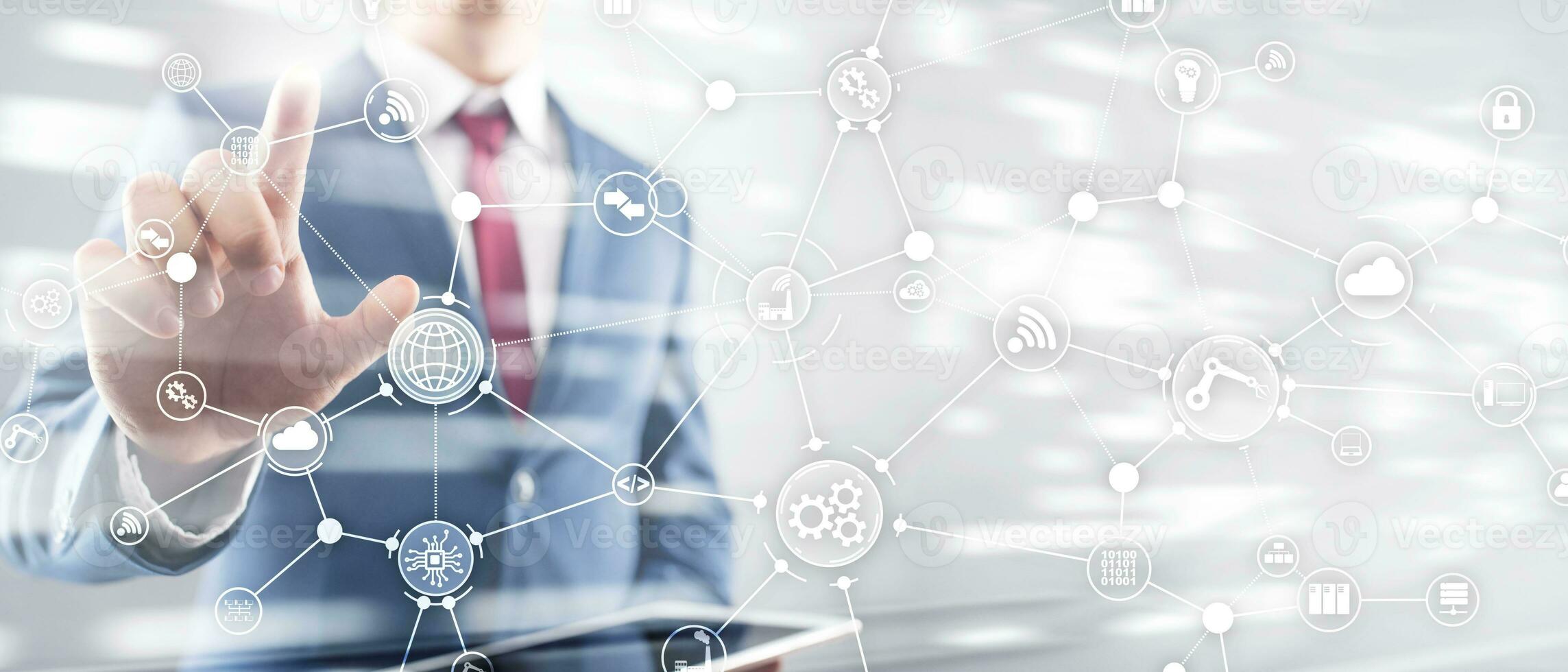 Technology industrial business process workflow organisation structure on virtual screen. IOT smart industry concept mixed media diagram. photo