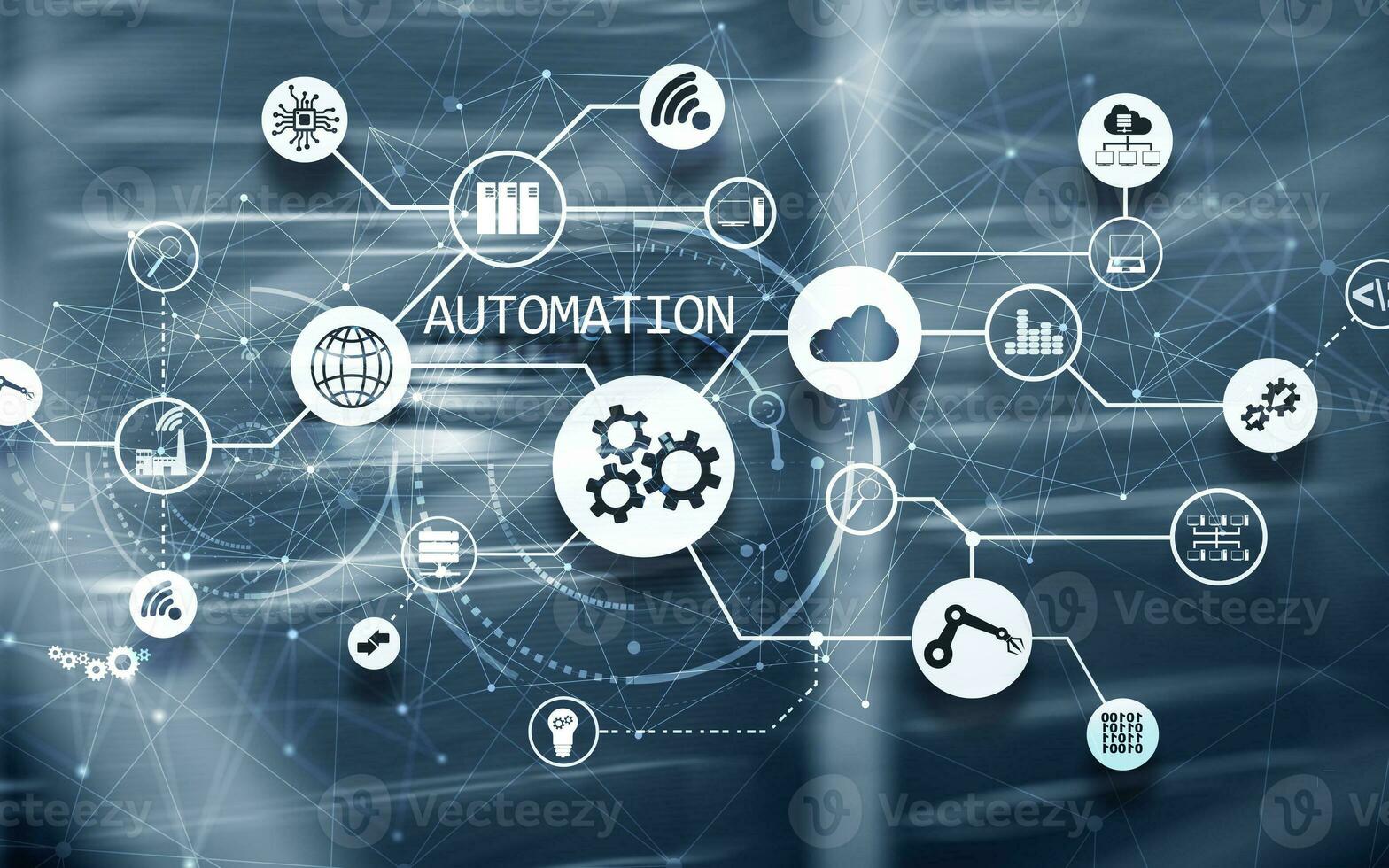 Business process automation concept on blurred network cabinets. New project 2020. photo