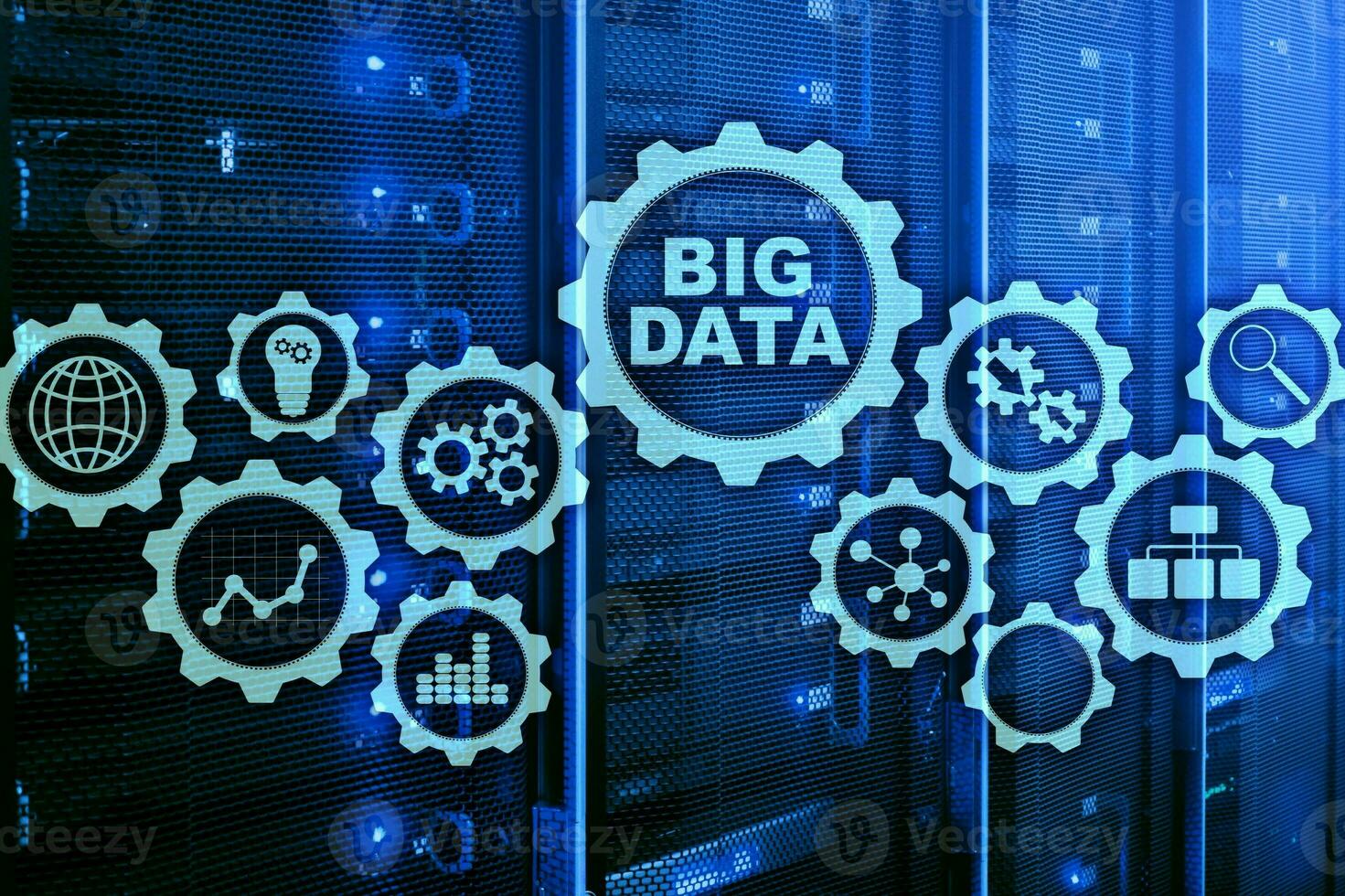 Big Data Concept of hi tech and innovation in business and production. Virtual screen on data center server background. photo