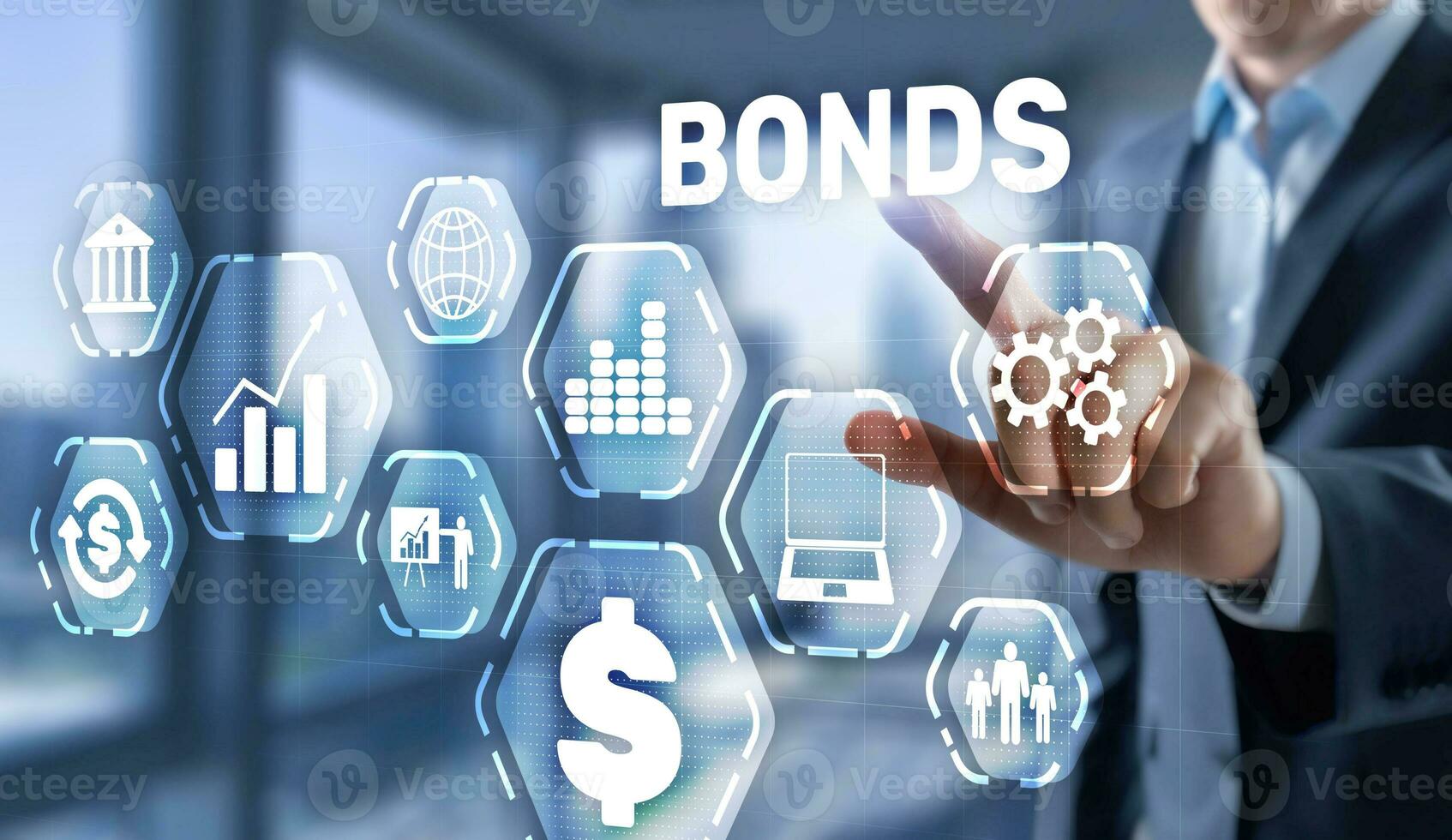 Corporate Bonds concept. Man presses his finger on the inscription Bonds. photo