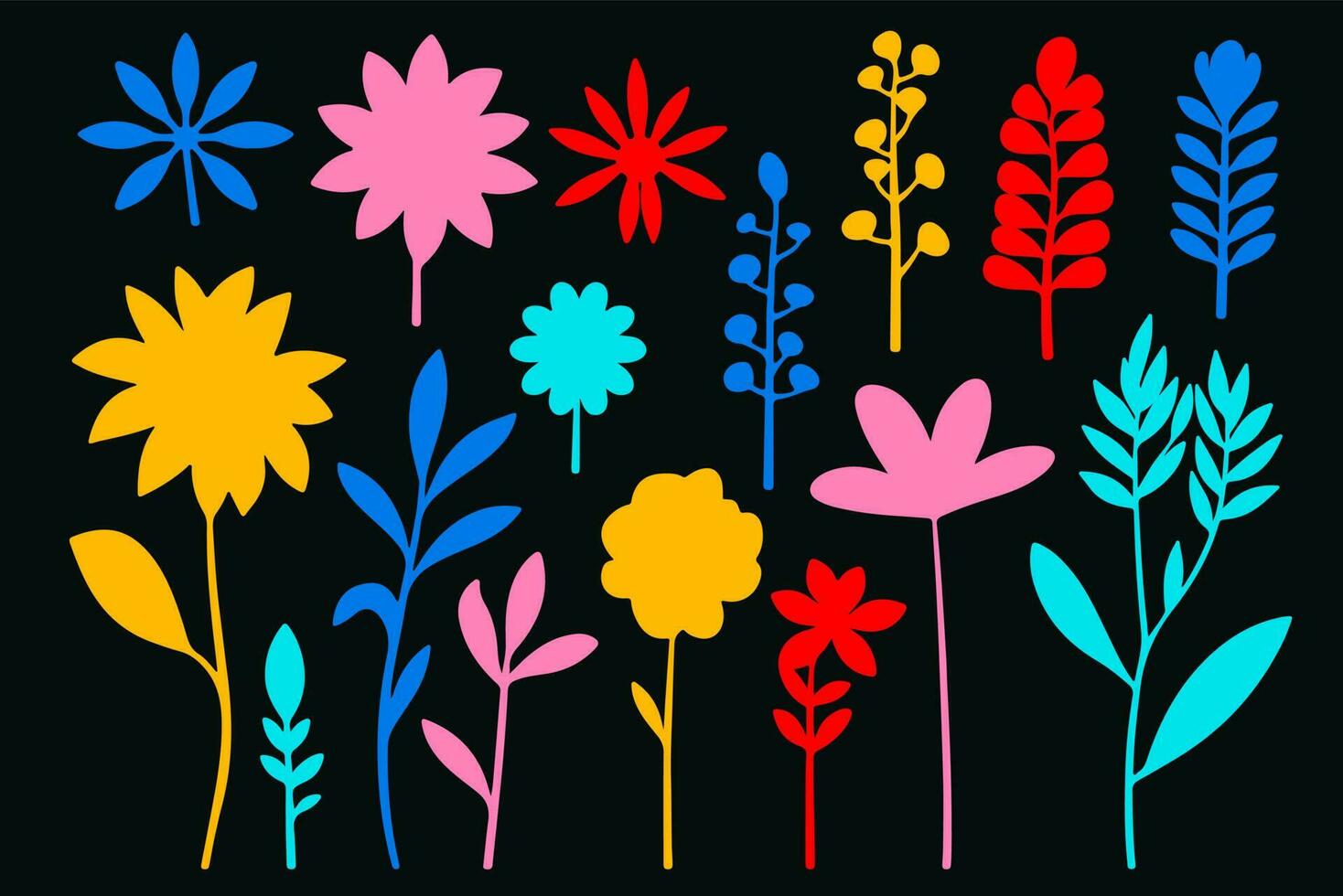 Colorful contemprorary flower seamless pattern illustration. Set of naive hand drawn flowers vector