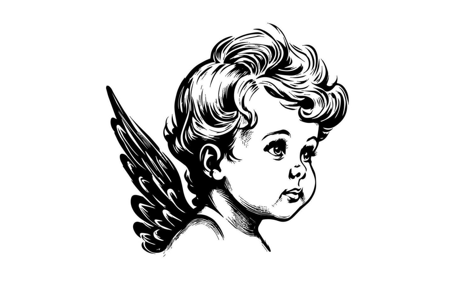 Little angel vector retro style engraving black and white illustration. Cute baby with wings