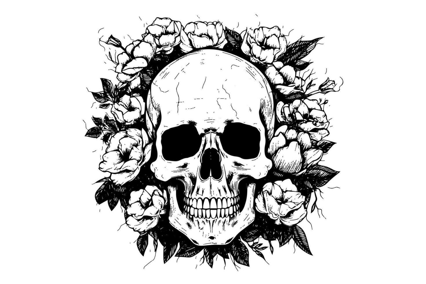 Human skull in a flower frame woodcut style. Vector engraving sketch illustration for tattoo and print design.