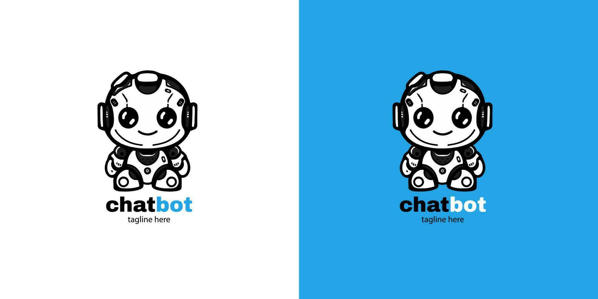 Robot chatbot head icon sign  design vector illustration  on white and blue background. Cute AI bot helper mascot character concept symbol business assistant