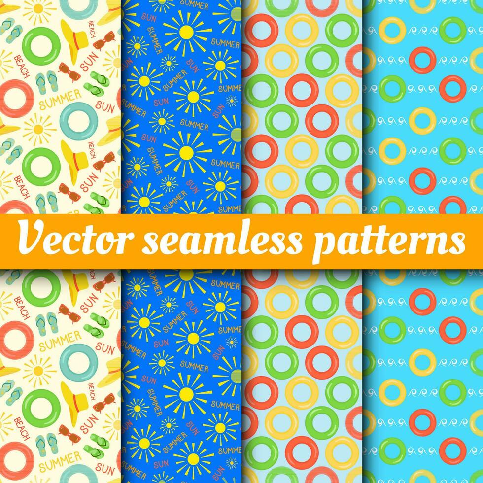 Collection of vector seamless patterns. Summer backgrounds. Summer, sun, beach accessories.