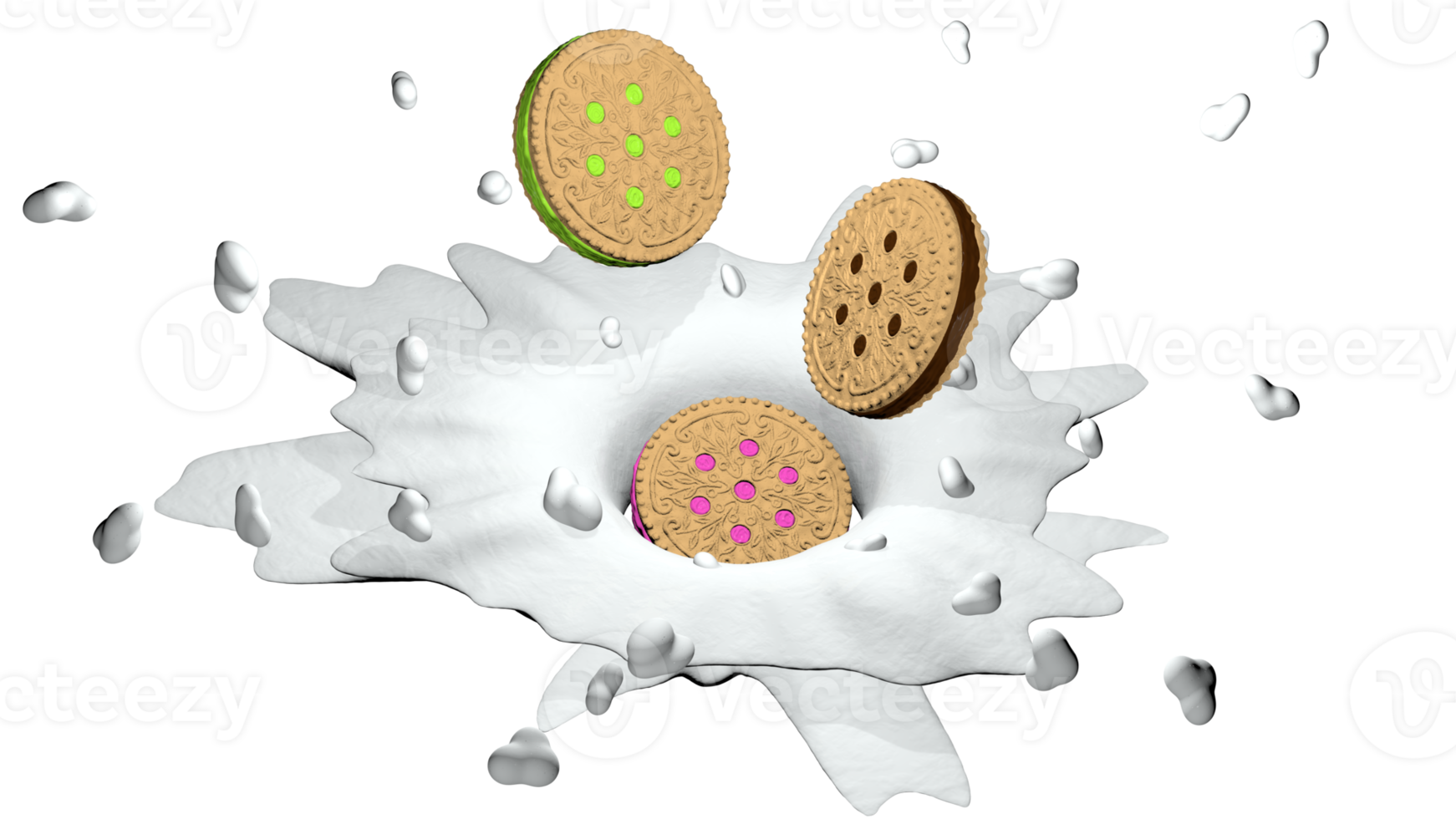 Three sandwich cookies with chocolate, strawberry and lemon cream splashing on a milk surface. 3D Illustration png