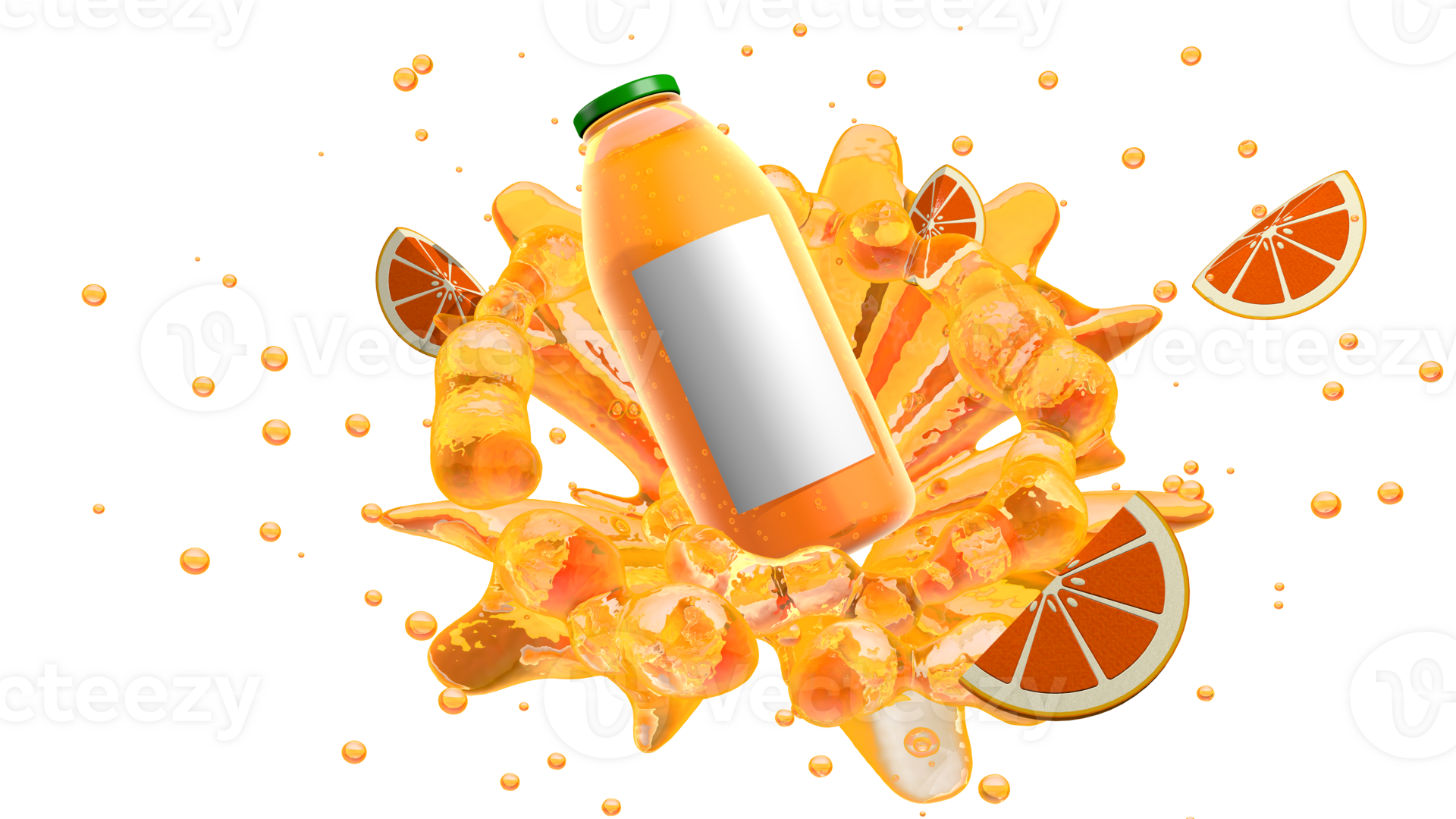 Orange juice bottle with green cap and white label splashing orange