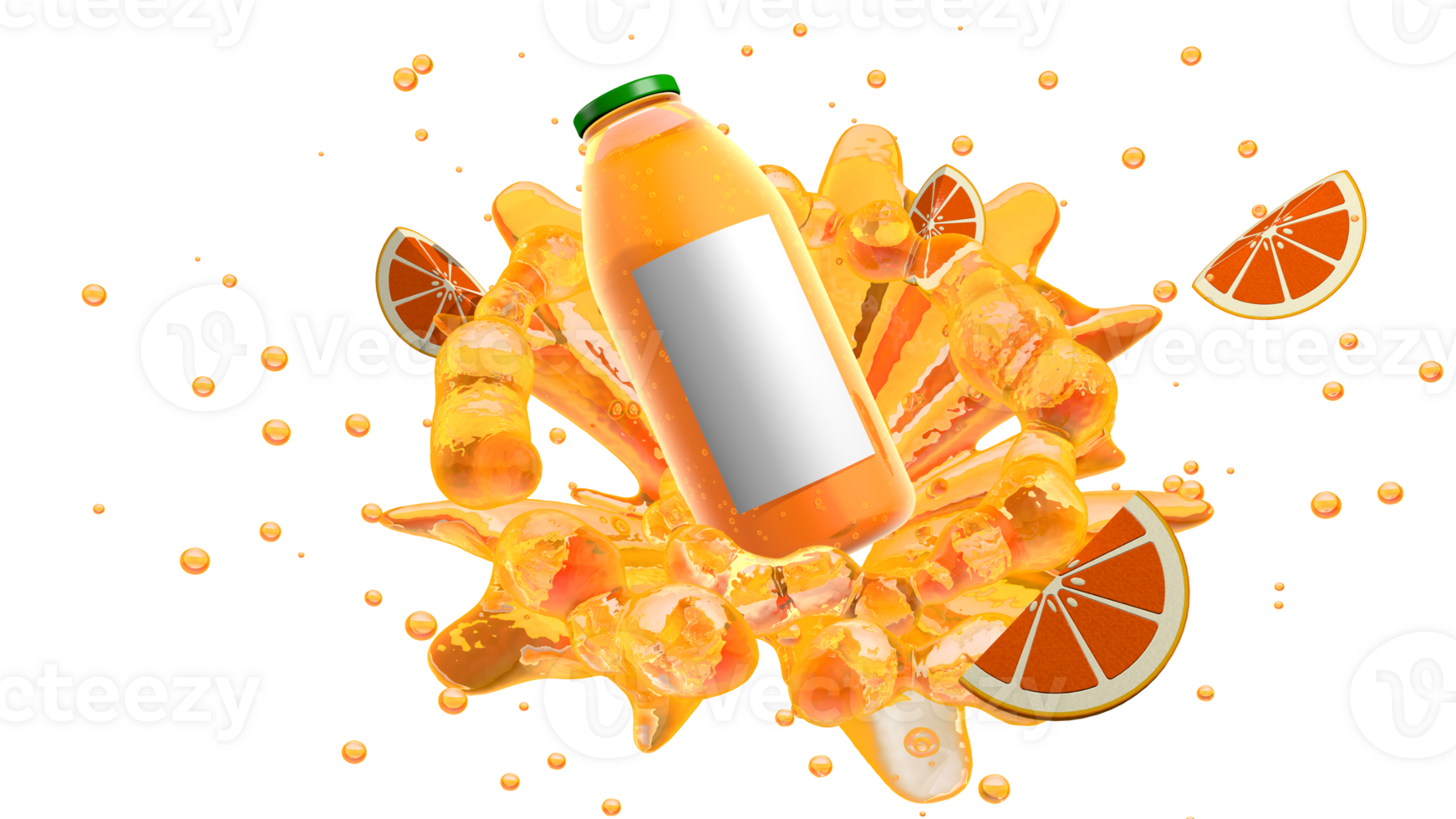 Orange juice bottle with green cap and white label splashing orange liquid surrounded by bubbles and orange slices. 3D Illustration png