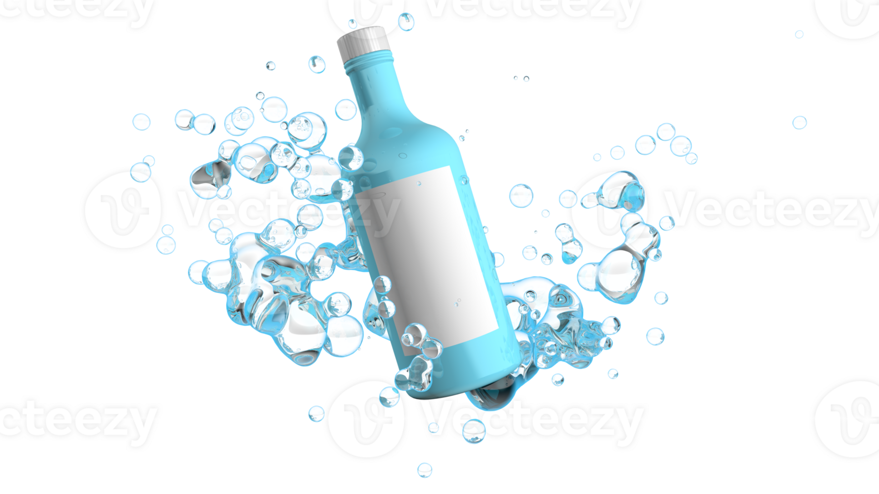 Light blue glass bottle with cap and white label splashing bubbles. 3D Illustration png