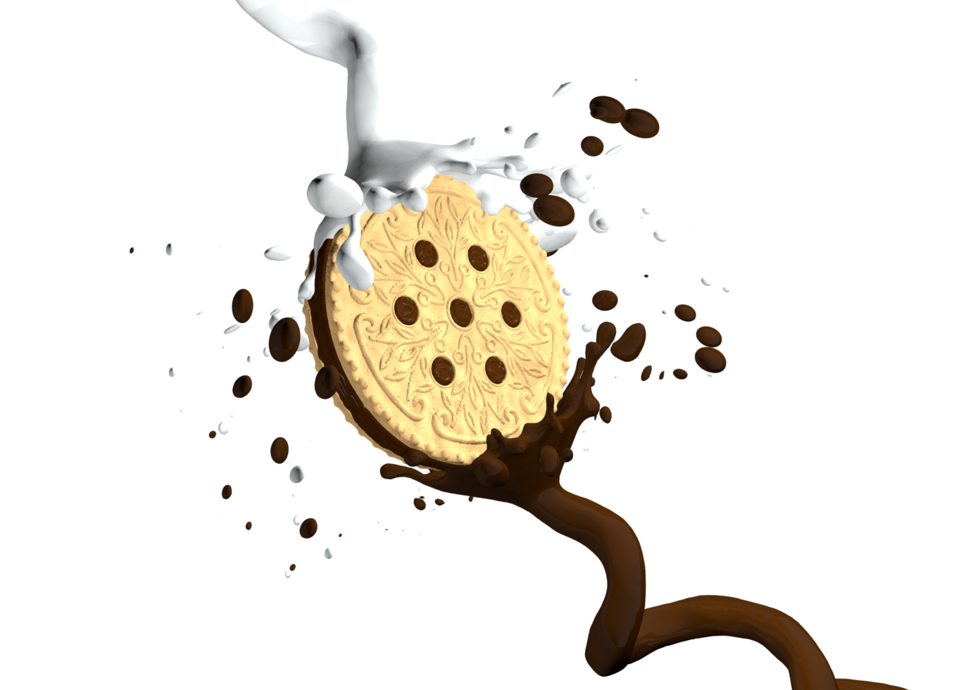 Stream of milk and stream of chocolate cream colliding and splashing a vanilla sandwich biscuit with chocolate cream. 3D Illustration png