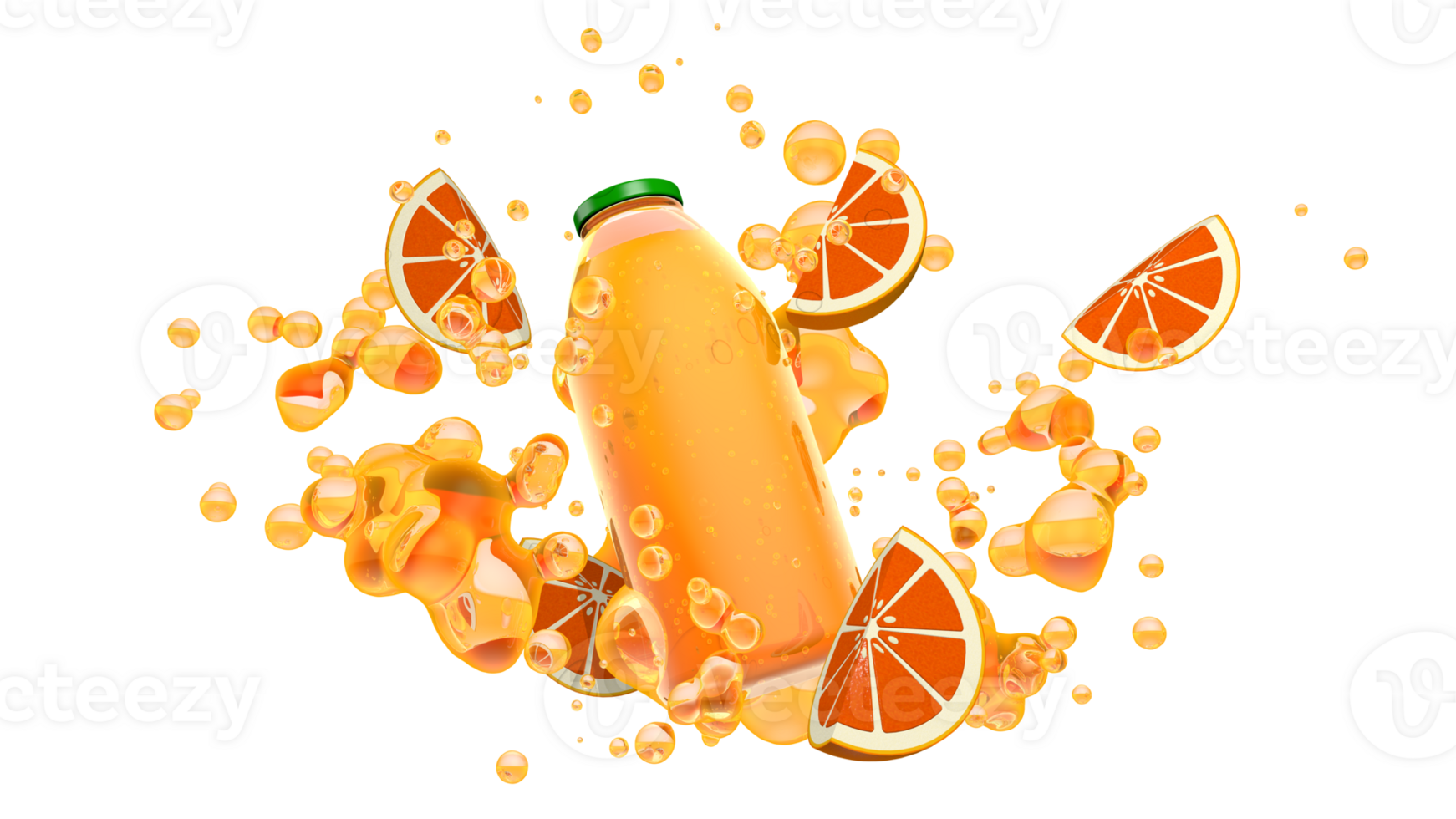 Orange juice glass bottle with green cap surrounded by bubbles and orange slices. 3D Illustration png