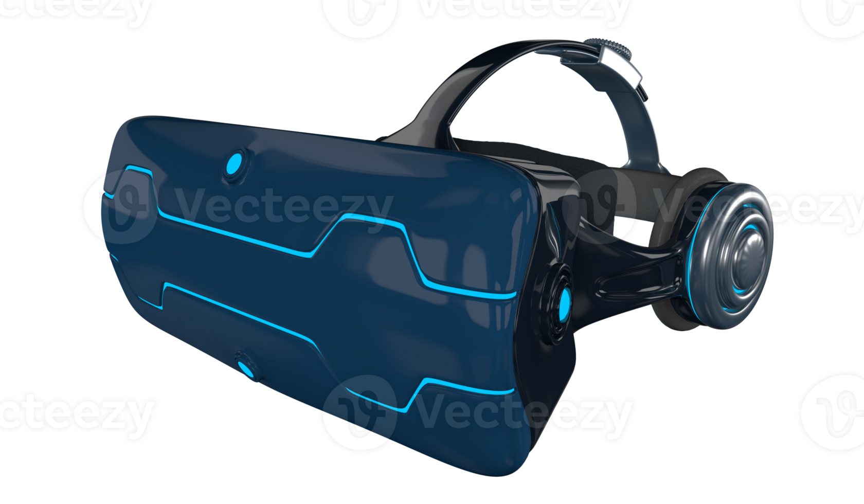 virtual reality glasses in black and blue color with headphones and blue lights. 3D Illustration png