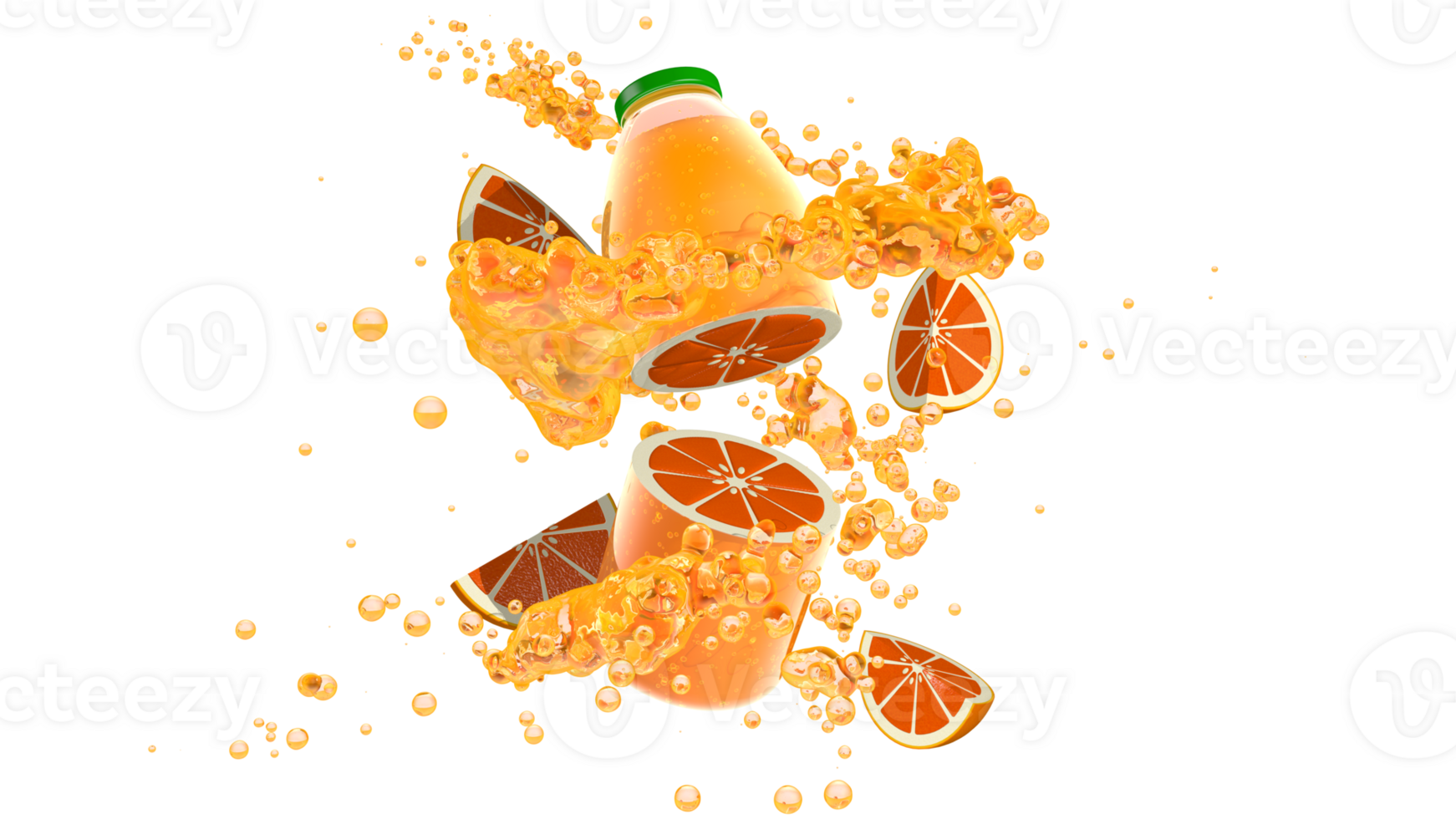 Halved orange shaped like a juice bottle with green cap surrounded by bubbles and orange slices. 3D Illustration png