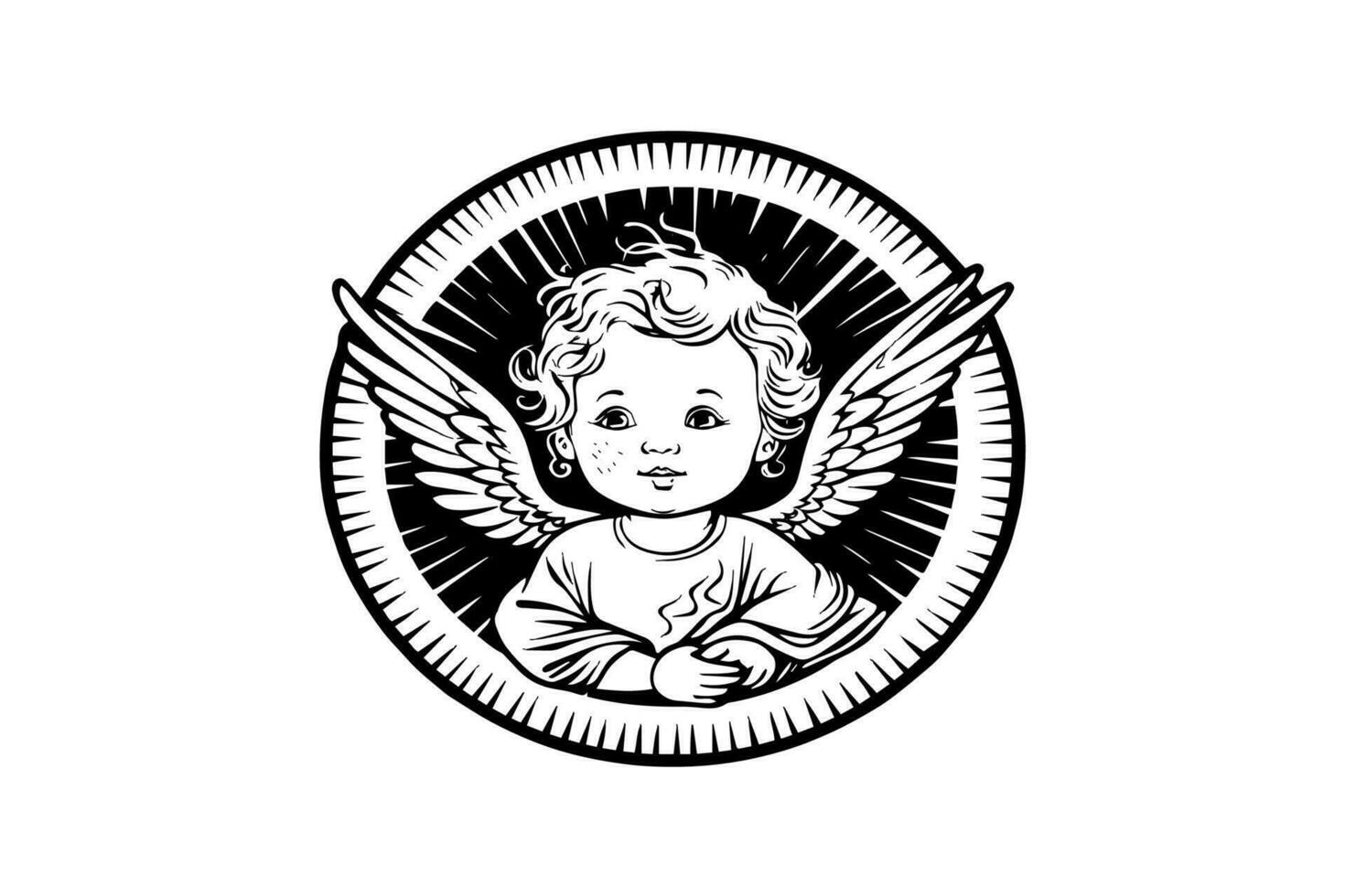Little angel in frame vector retro style engraving black and white illustration. Cute baby with wings.