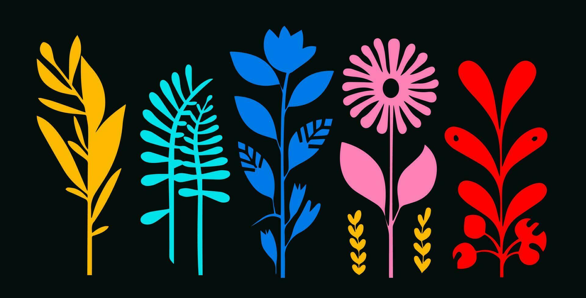 Colorful contemprorary flower seamless pattern illustration. Set of naive hand drawn flowers vector