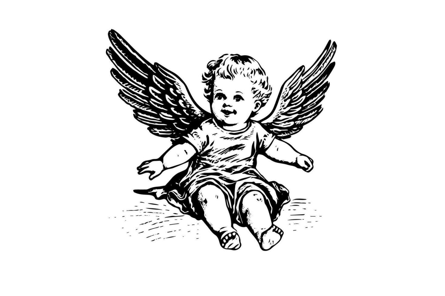 Little angel vector retro style engraving black and white illustration. Cute baby with wings