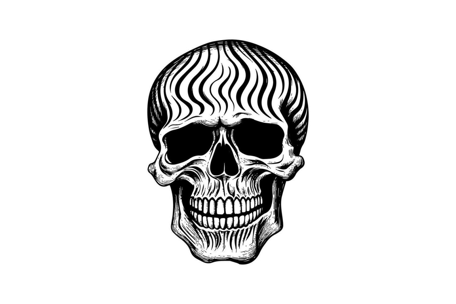 Human skull in woodcut style. Vector engraving sketch illustration