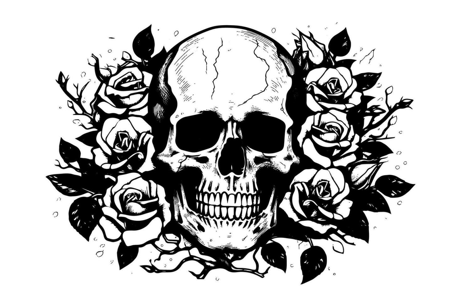 Human skull in a flower frame woodcut style. Vector engraving sketch illustration for tattoo and print design.