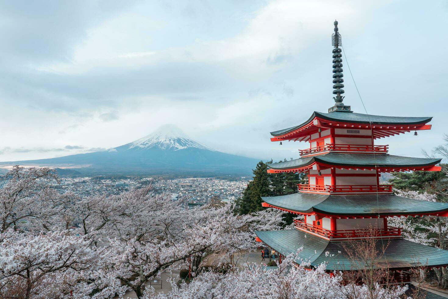 chureito pagoda con sakura y hermosa Monte Fuji ver foto