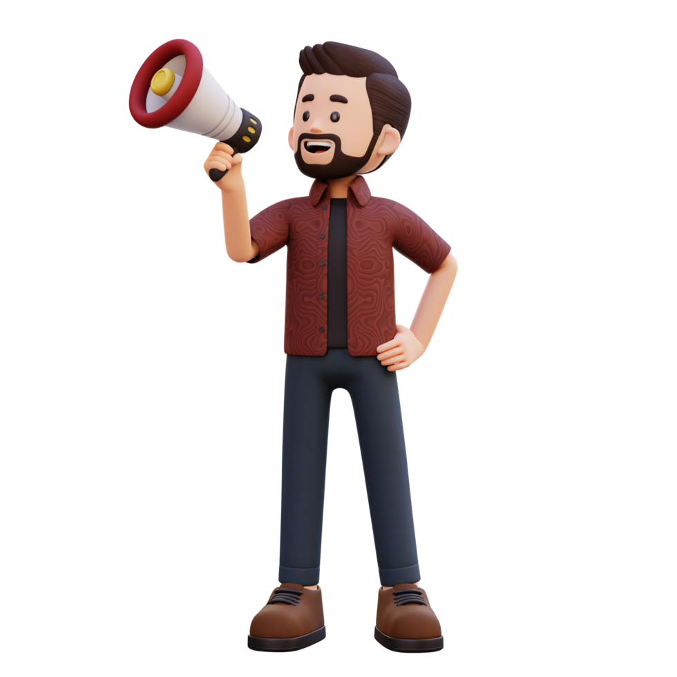 3d male character give announcement use megaphone png