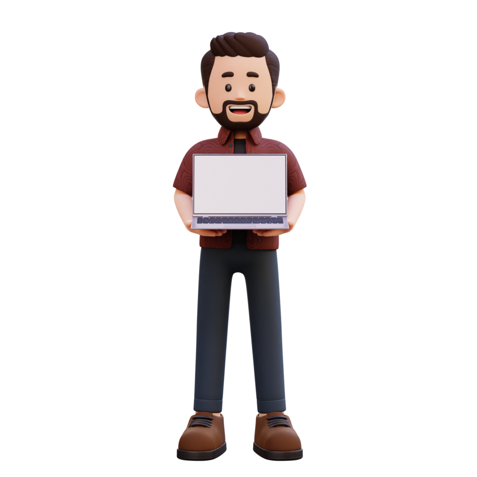 3d male character holding and presenting a laptop with empty screen png