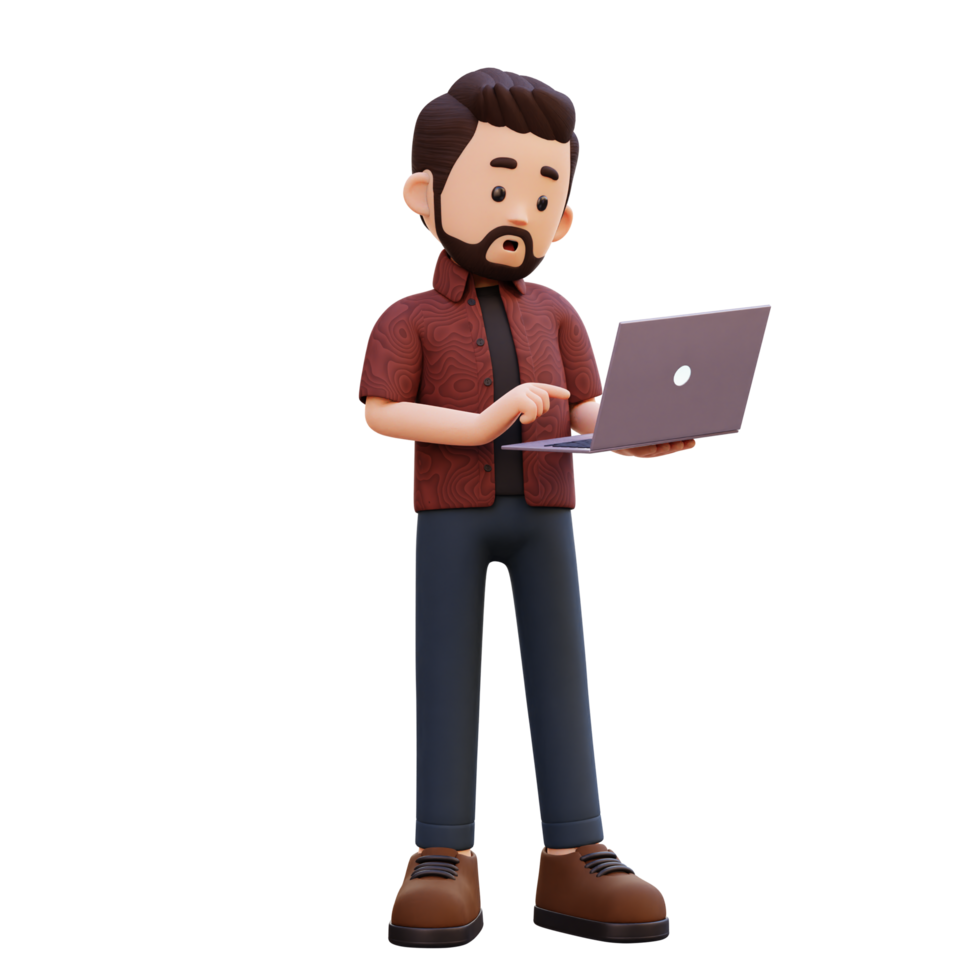 3d male character standing confused working on a laptop png