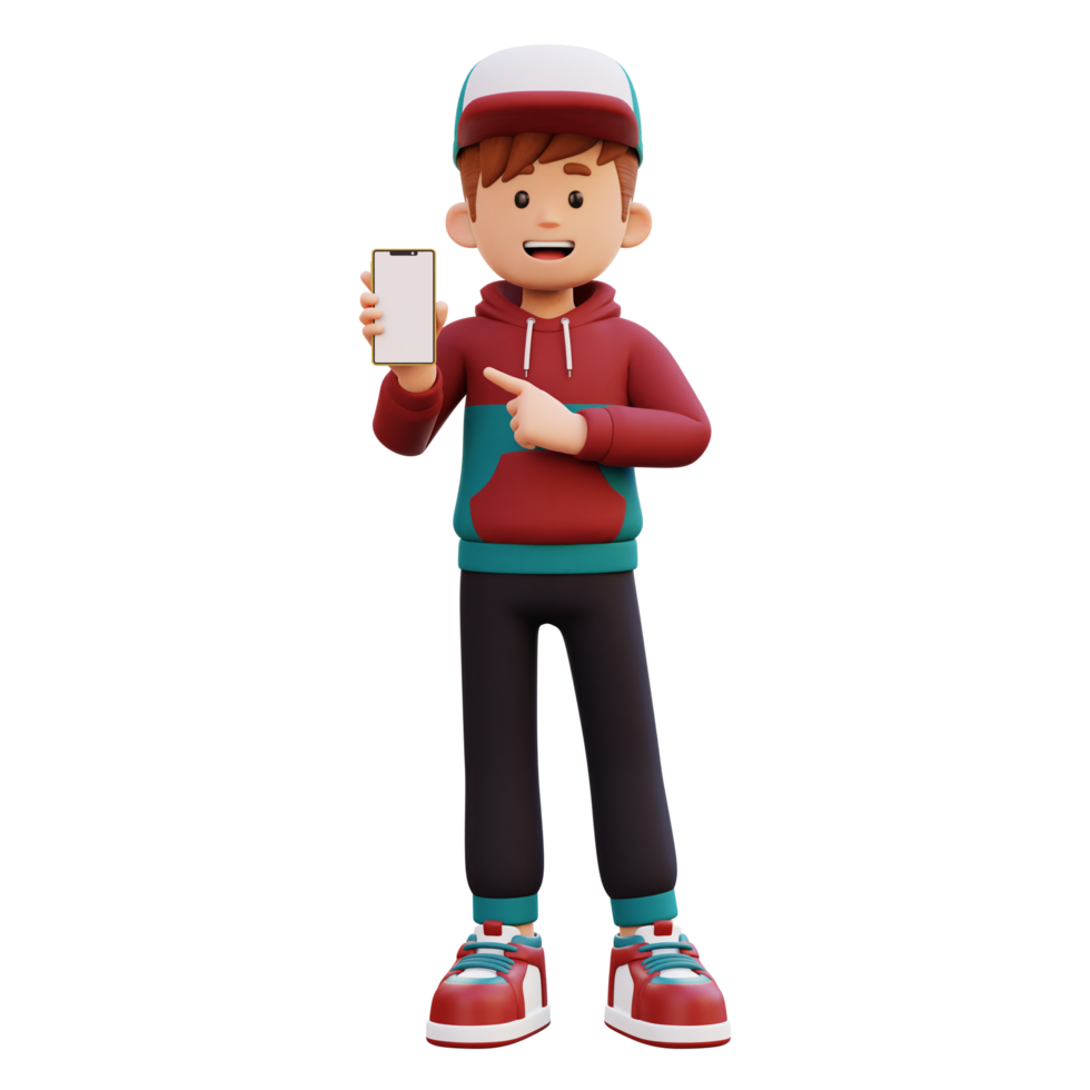 3d male character holding and pointing to a smart phone with empty screen png