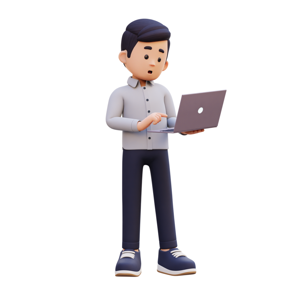 3D Male Character Standing Confused and Working on a Laptop png