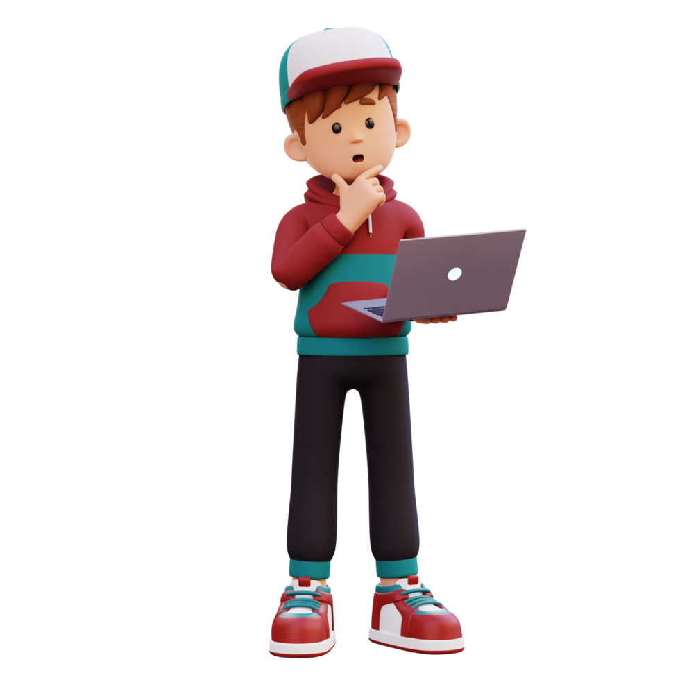 3d male character thinking and working on a laptop png
