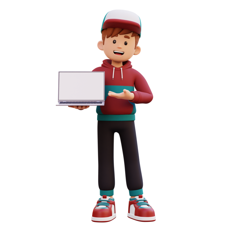 3d male character holding and presenting to a laptop with empty screen png