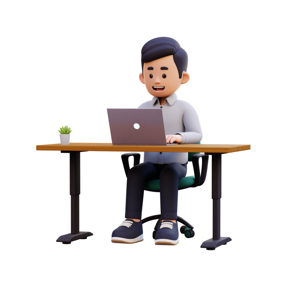 3D Male Character Engaged in Productive Work on a Laptop png