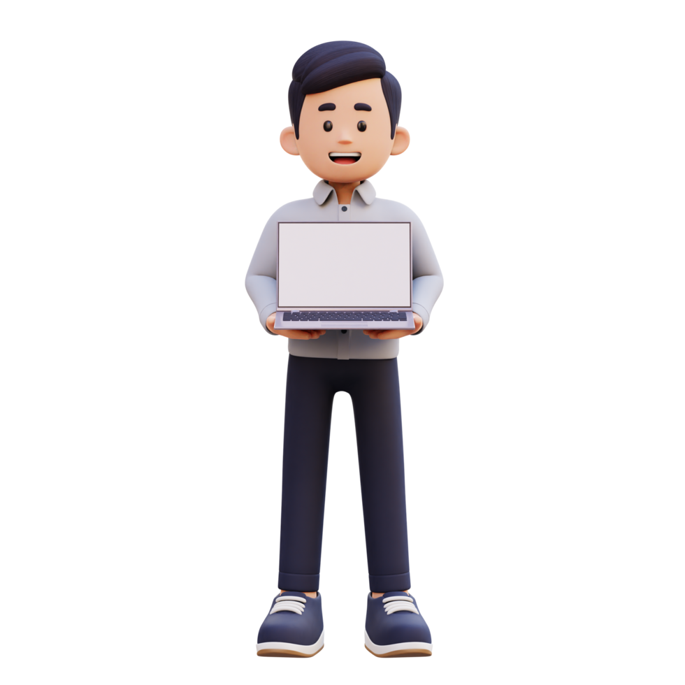 3D Male Character Holding and Presenting a Laptop with Empty Screen png