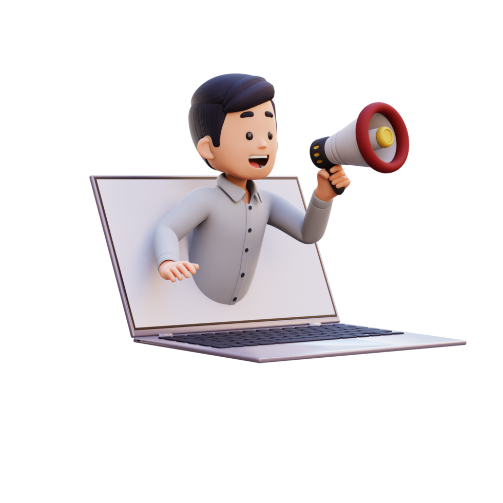 3D Male Character Jumping out of a Computer Screen with a Megaphone png