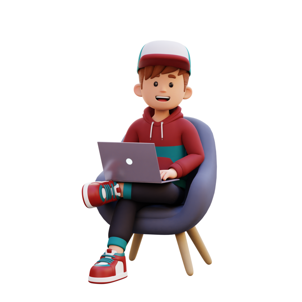 3d männlich Charakter Sitzung auf ein Sofa und Arbeiten auf ein Laptop png