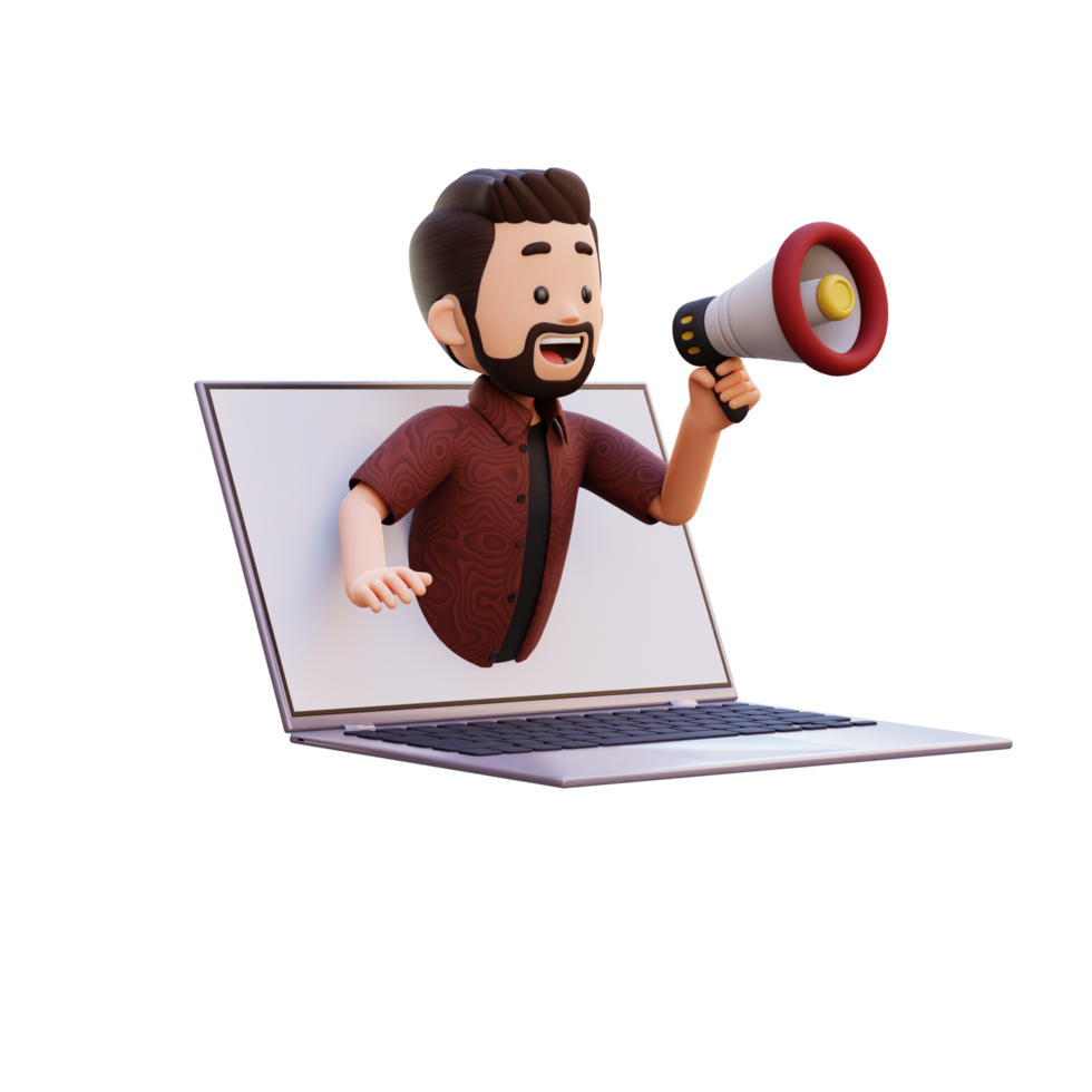 3d male character jumping out from computer screen and holding a megaphone png