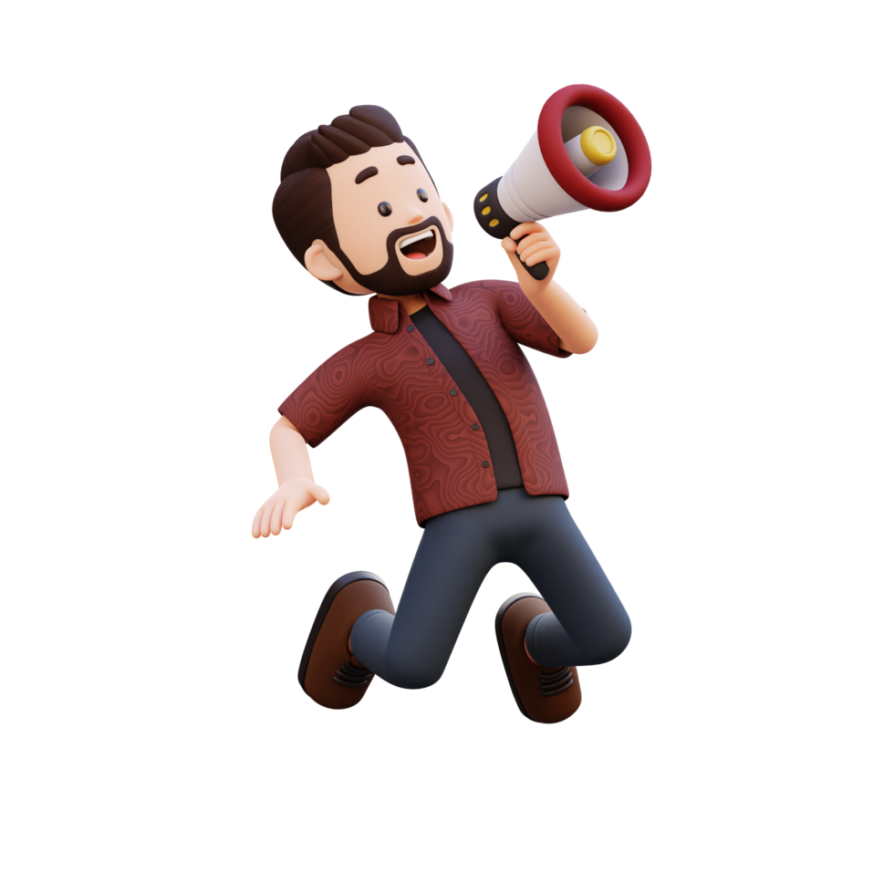 3d male character jumping and holding a megaphone png