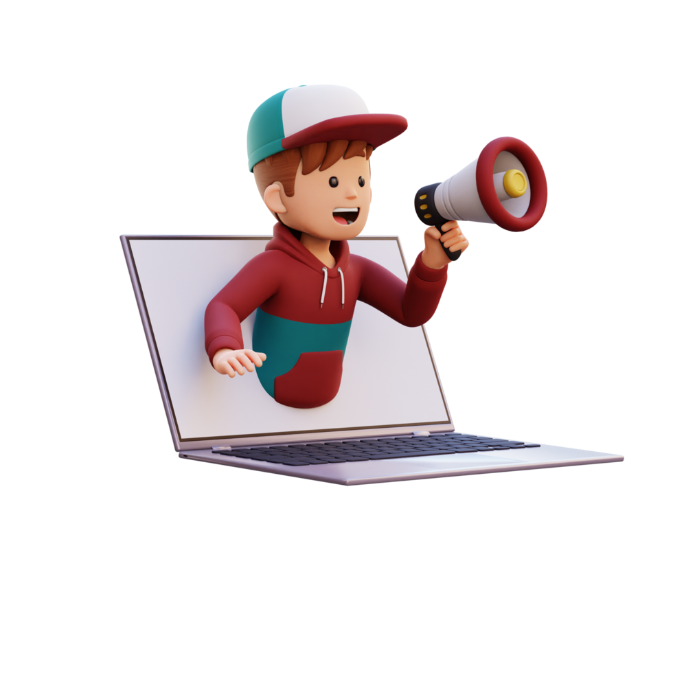 3d male character jumping out from computer screen and holding a megaphone png