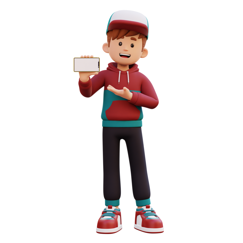 3d male character holding and presenting to a smart phone with empty screen in landscape png