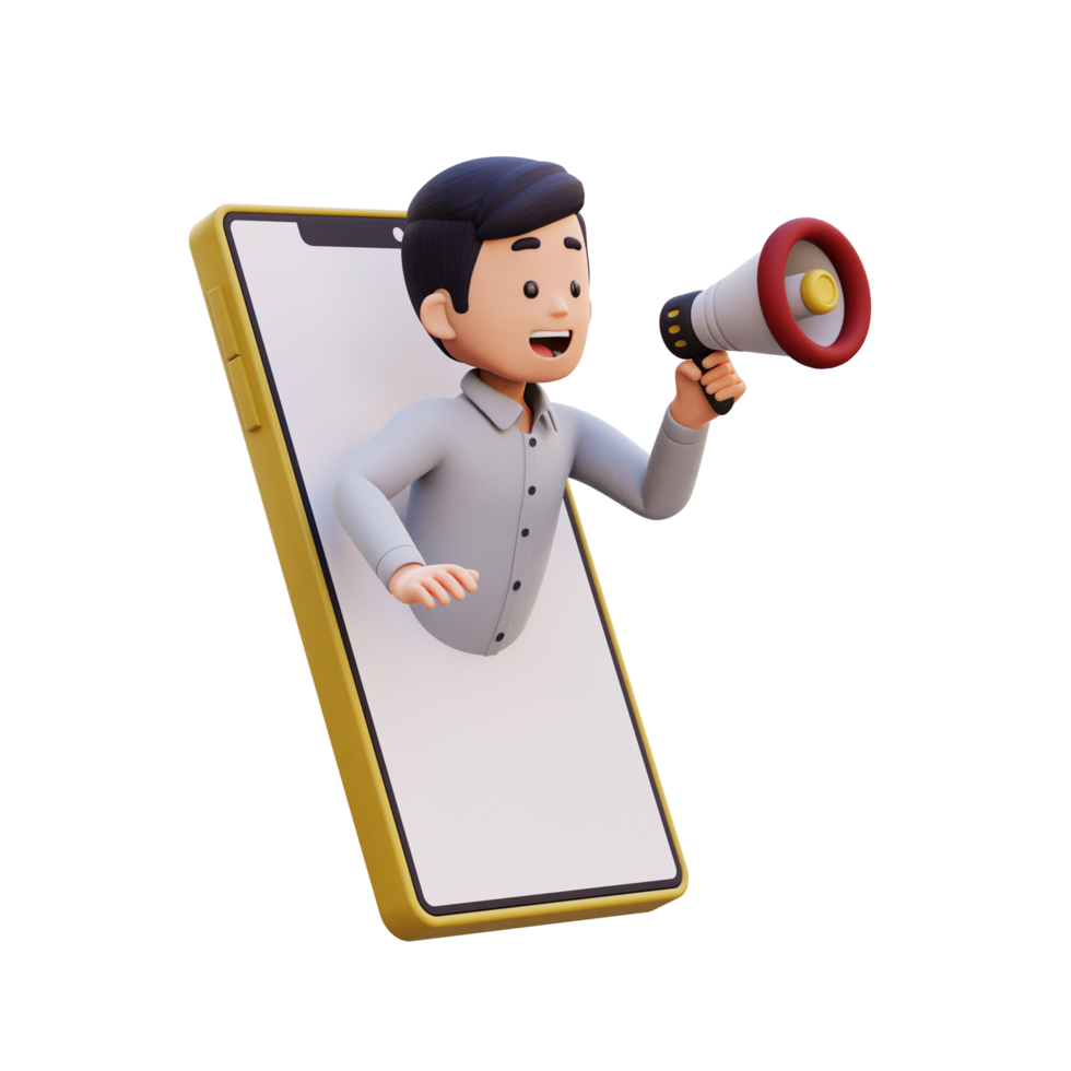 3D Male Character Jumping out of a Smartphone Screen with a Megaphone png