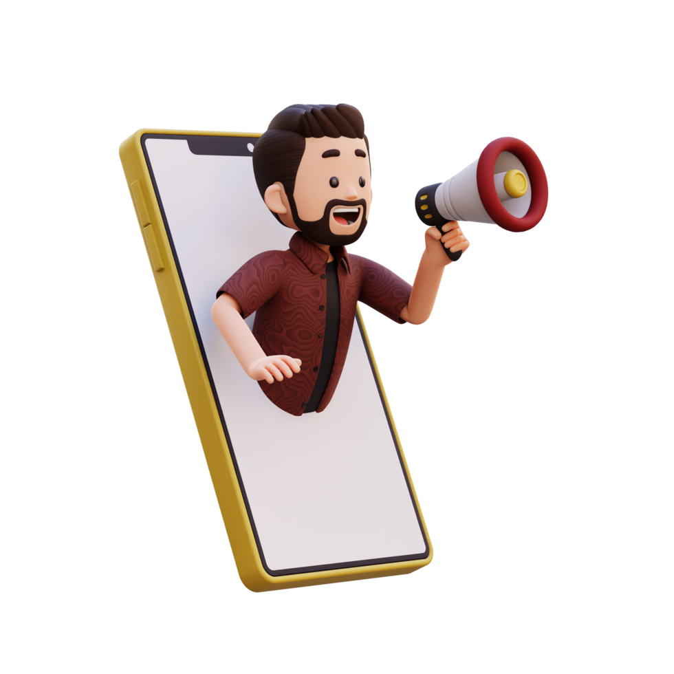 3d Masculin personnage sauter en dehors de intelligent téléphone écran et en portant une mégaphone png